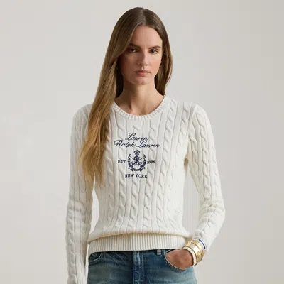 Ralph Lauren Embroidered-crest Cable-knit Sweater In White