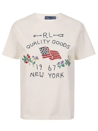 Ralph Lauren Embroidered Crewneck T-shirt In Antique Cream