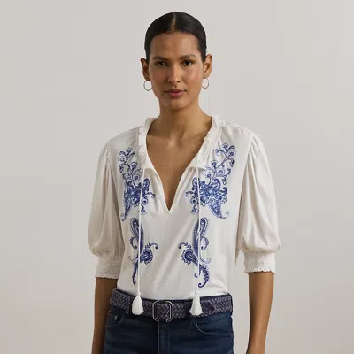 Ralph Lauren Embroidered Jersey Tie-neck Top