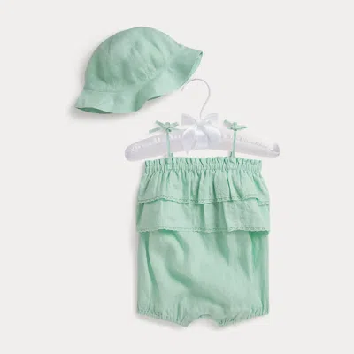 Ralph Lauren Babies' Embroidered Linen Shortall & Bucket Hat In April Green
