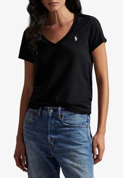 Ralph Lauren Embroidered Logo V-neck T-shirt In Black
