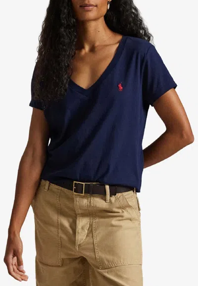 Ralph Lauren Embroidered Logo V-neck T-shirt In Blue