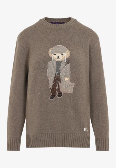 Ralph Lauren Embroidered Polo Bear Cashmere Sweater In Taupe