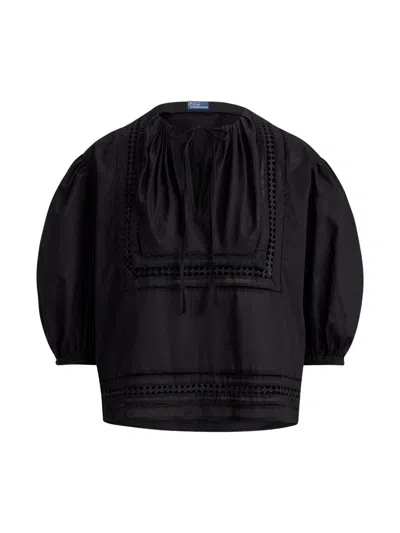 Ralph Lauren Embroidered Puff-sleeve Peasant Blouse In Black