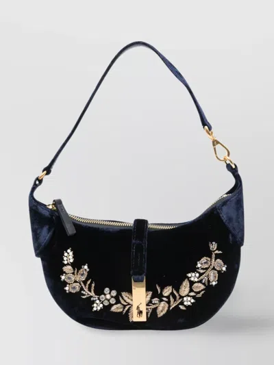 Ralph Lauren Embroidered Velvet Shoulder Bag In Black