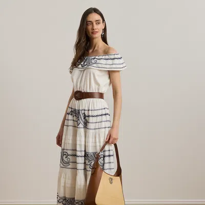 Ralph Lauren Embroidered Voile Off-the-shoulder Dress In Multi
