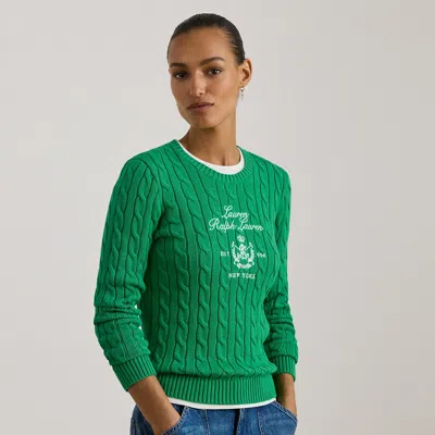 Ralph Lauren Embroidered-crest Cable-knit Sweater In Stem In Green
