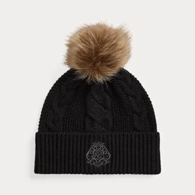 Ralph Lauren Embroidered-crest Pom-pom Cable Beanie In Black
