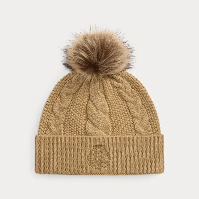 Ralph Lauren Embroidered-crest Pom-pom Cable Beanie In Lauren Camel