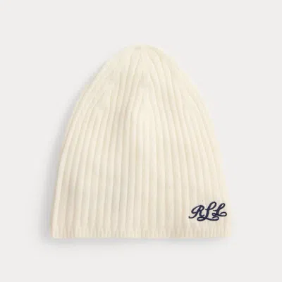 Ralph Lauren Embroidered-logo Ribbed Cashmere Beanie In Cream