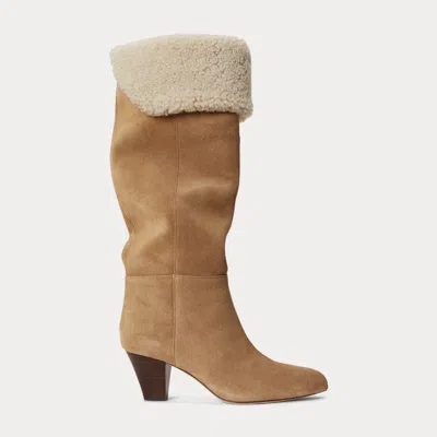 Ralph Lauren Emersyn Shearling & Suede Tall Boot Heel In Camel/natural In Neutral