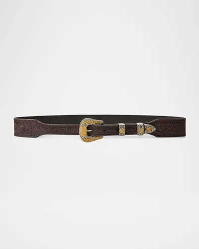 Ralph Lauren Engraved Leather Two-tone Western Belt In Brown