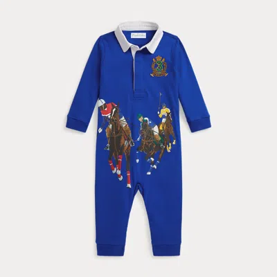 Ralph Lauren Babies'  Equestrian-print Cotton Rugby Coverall In Blue