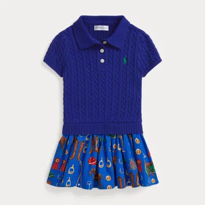 Ralph Lauren Babies'  Equestrian-print Mini-cable Cotton Dress In Blue