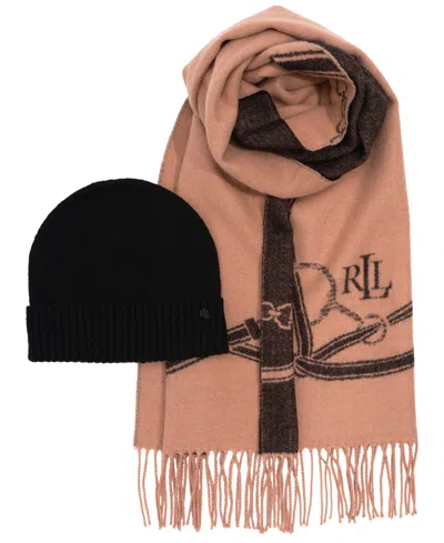 Ralph Lauren Equestrian Woven Scarf And Knit Hat Gift Set In Brown