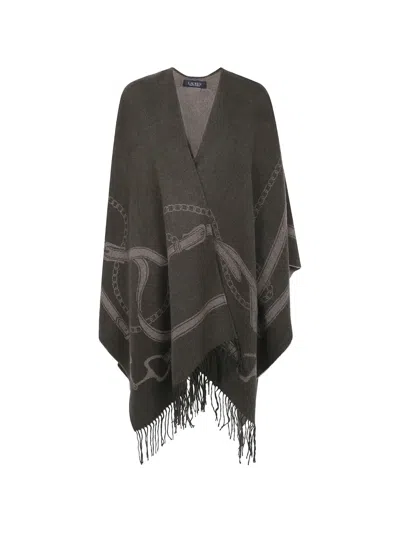 Ralph Lauren Equestrian-print Fringed Cape In Gray