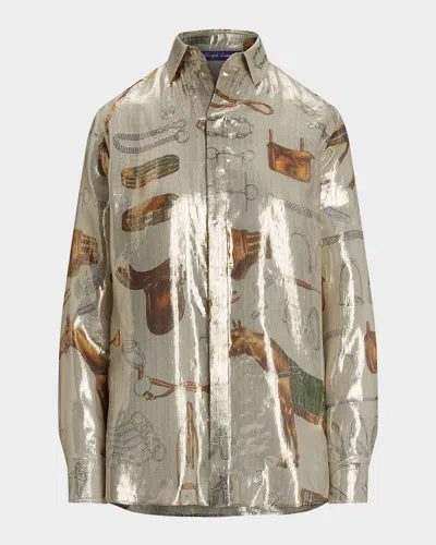 Ralph Lauren Evelina Equestrian Metallic Silk Shirt In Gray