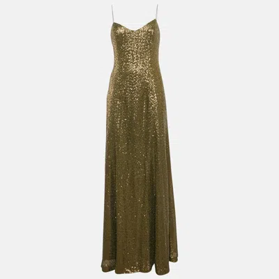 Pre-owned Ralph Lauren Evening Olive Green Sequin Mesh Maxi Dress Xl