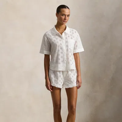 Polo Ralph Lauren Eyelet Cotton Shirt & Short Pajama Set In White Cloud