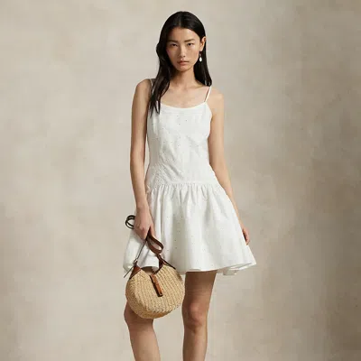 Ralph Lauren Eyelet Paneled Cotton Dress In White