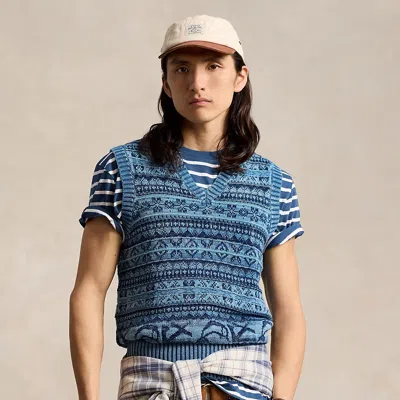 Ralph Lauren Fair Isle Indigo Cotton Sweater Vest In Mixed Indigo