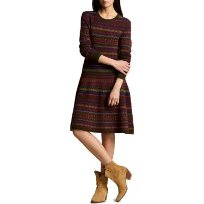 Ralph Lauren Fair Isle Long Sleeve Sweater Dress In Olive Multi