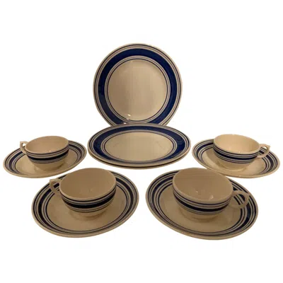 Pre-owned Ralph Lauren Farmstead Ticking Dinnerware ~ 12 Piece Set In Brown
