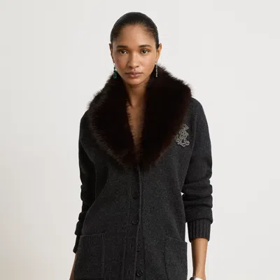 Ralph Lauren Faux-fur-trim Wool-cashmere Cardigan In Onyx Heather In Black
