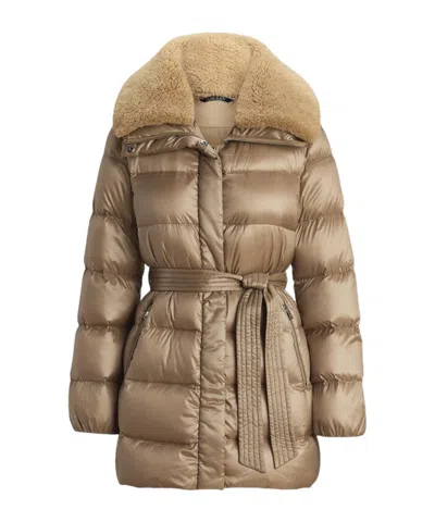 Ralph Lauren Faux-shearling-trim Belted Down Coat In Nude
