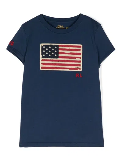 Polo Ralph Lauren Kids' Blue Navy Cotton Crew-neck T-shirt With Flag Patch