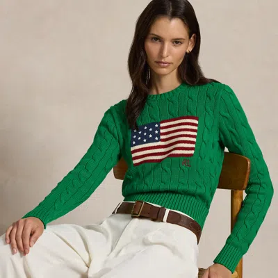 Ralph Lauren Flag Cable-knit Cotton Cropped Sweater In Green