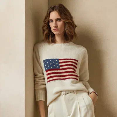 Ralph Lauren Flag Cashmere Crewneck Sweater In Lux Cream W/ Flag In Lux Cream W/flag
