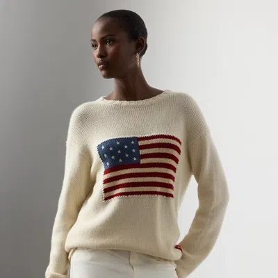 Ralph Lauren Flag Cashmere Crewneck Sweater In Lux Cream W/ Flag In White