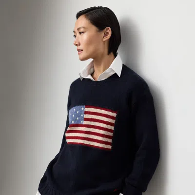 Ralph Lauren Flag Cashmere Crewneck Sweater In Midnight W/ Flag In Black