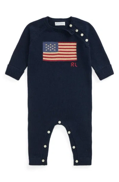 Ralph Lauren Babies'  Flag Cotton Romper In Blue