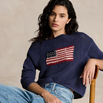 Ralph Lauren Flag Pointelle Cotton-linen Sweater In Blue Multi