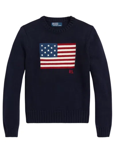 Ralph Lauren Flag Sweater With Embroidered Logo For Women In Blue