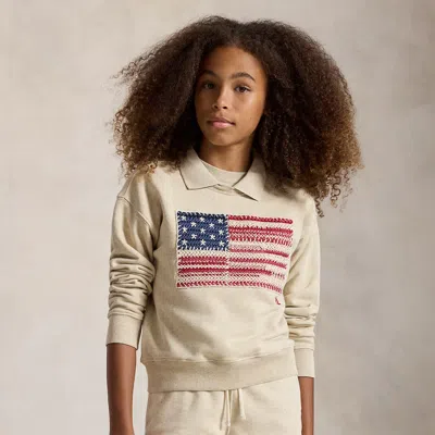 Ralph Lauren Kids' Flag Terry Collared Sweatshirt In Expedition Dune Heather In Neutral