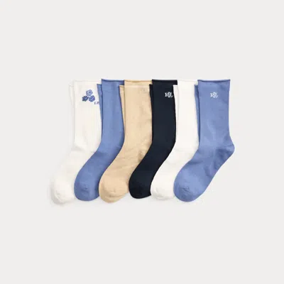 Ralph Lauren Floral & Logo Roll-top Sock 6-pack In Ivory/blue/tan/navy