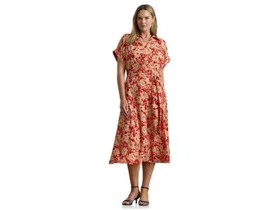 Ralph Lauren Plus Size Floral Belted Crepe Collared Neck Maxi Dress In Red