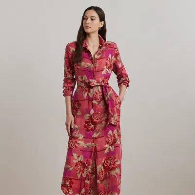 Ralph Lauren Floral Checked Linen Shirtdress In Pink