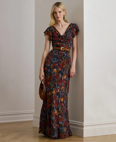 RALPH LAUREN FLORAL CLIPPED JACQUARD COWLNECK GOWN