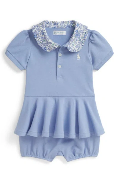 Ralph Lauren Babies'  Floral Collar Peplum Polo Romper In Blue
