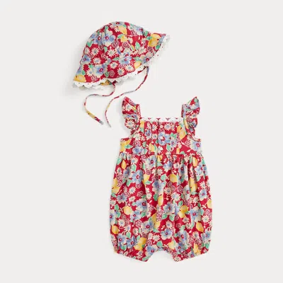 Ralph Lauren Babies' Floral Cotton Jersey Shortall & Hat Set In Lemon Floral W/riverside