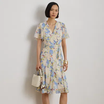 Ralph Lauren Floral Crinkle Georgette Surplice Dress In Blue Multi In Yellow