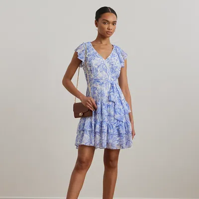 Ralph Lauren Floral Crinkle Georgette Tiered Dress In White/blue