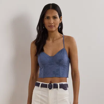 Ralph Lauren Floral-embroidered Voile Cropped Bustier In Blue