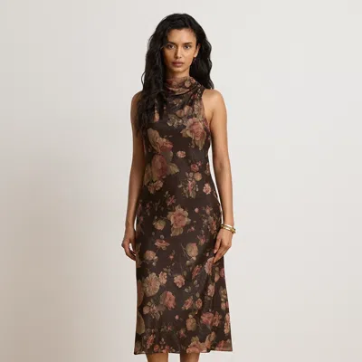 Ralph Lauren Floral Georgette Mockneck Cocktail Dress In Brown Multi