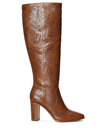 Ralph Lauren Floral-lasercut Leather Boots In Brown