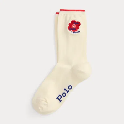 Polo Ralph Lauren Floral Logo Cotton-blend Crew Socks In Ivory In Neutral